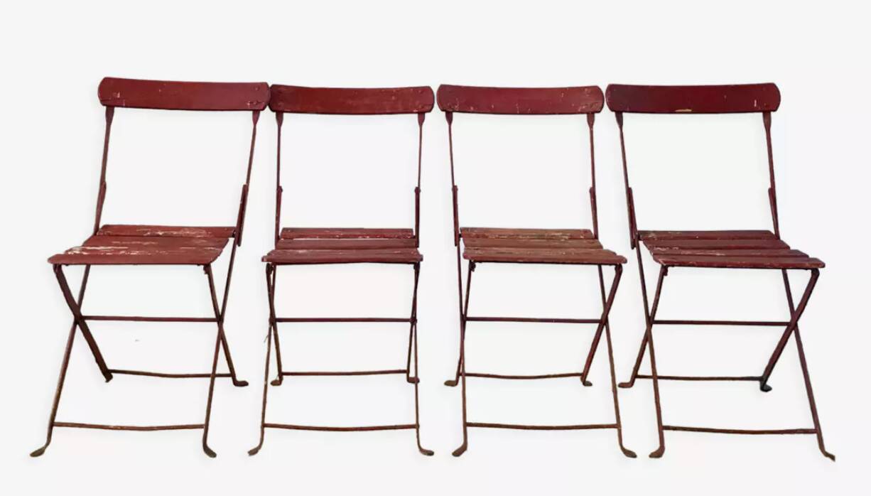 set of 4 folding iron and wood garden chairs early twentieth century