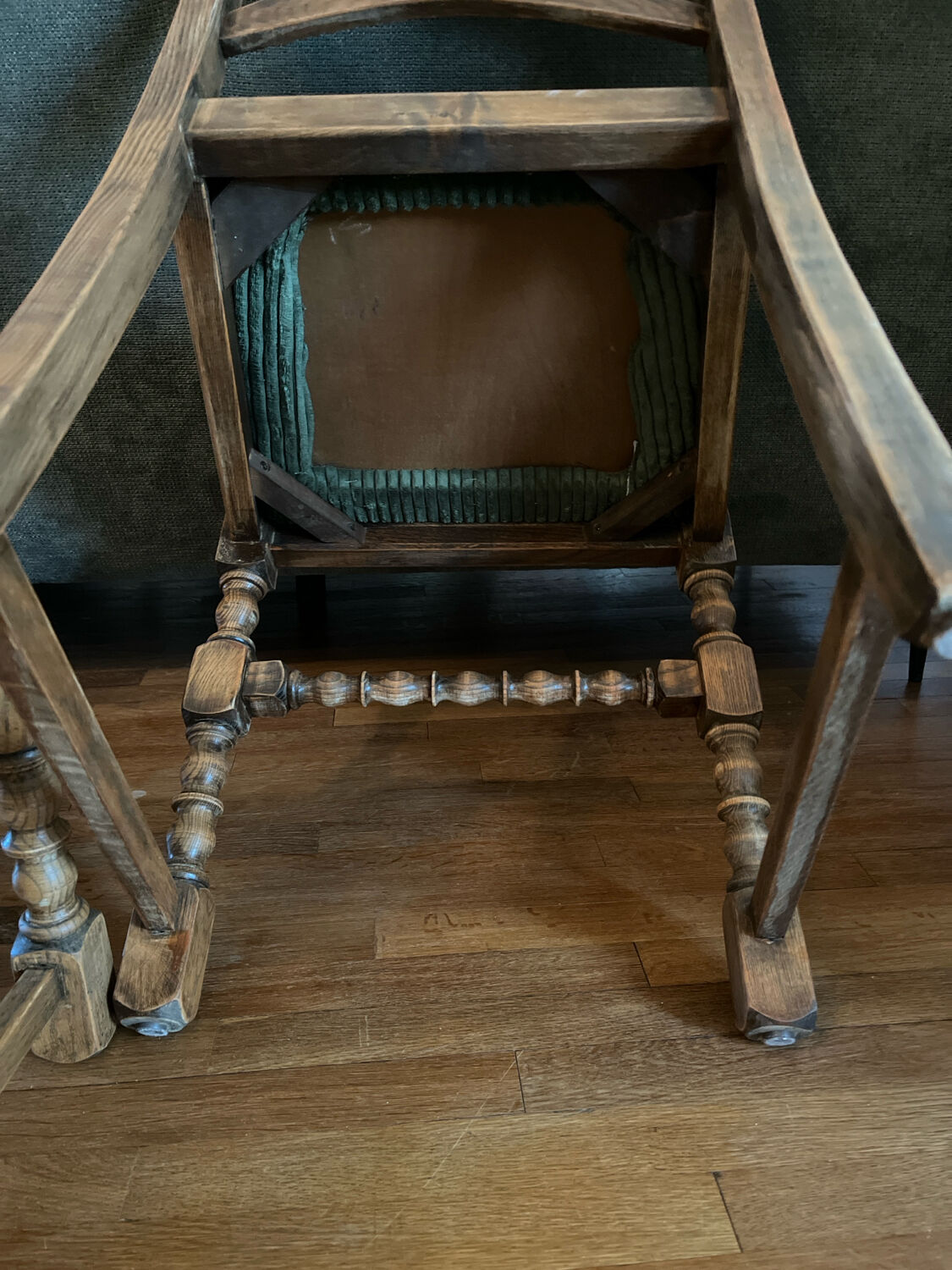 4 antique chairs with green velvet upholstery
