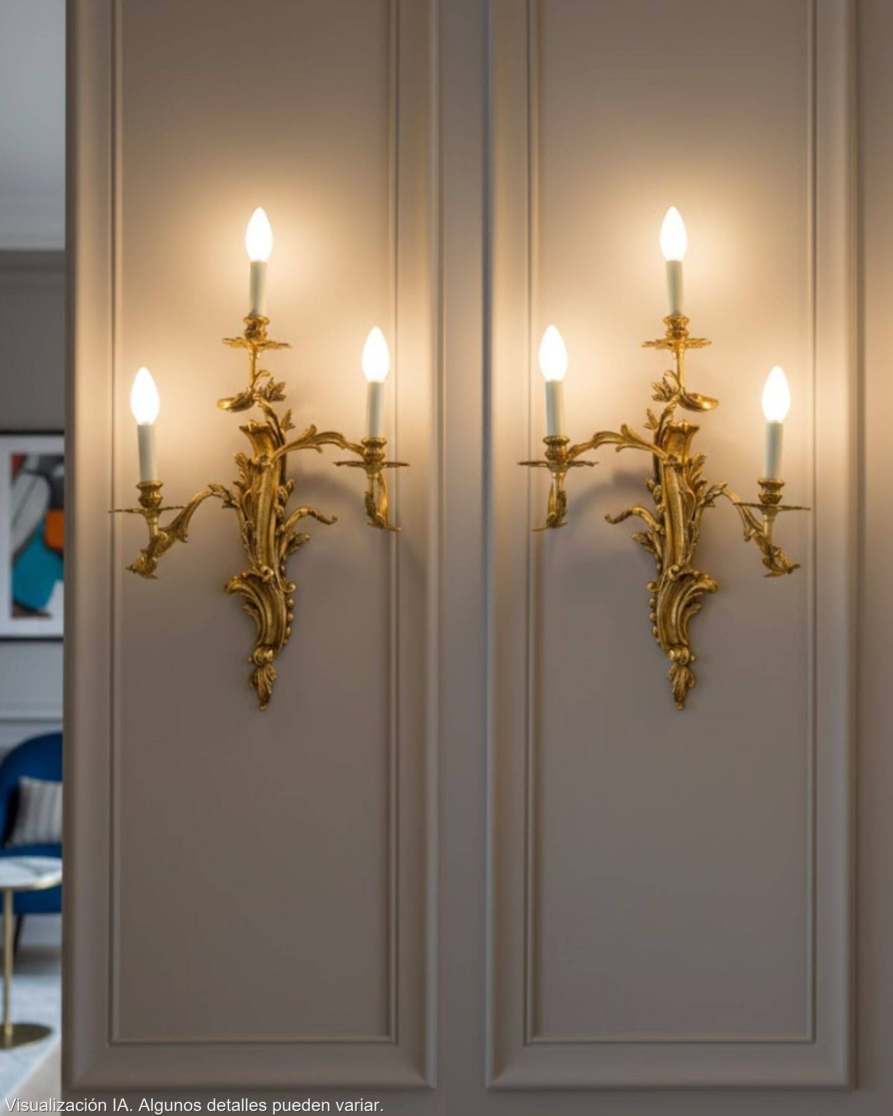 Pair of gilded bronze wall sconces in Rococo style, three lights.