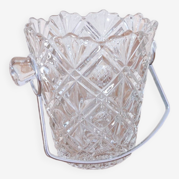 Vintage chiseled glass ice bucket with silver metal handle