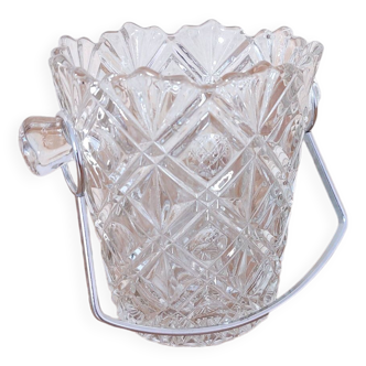 Vintage chiseled glass ice bucket with silver metal handle