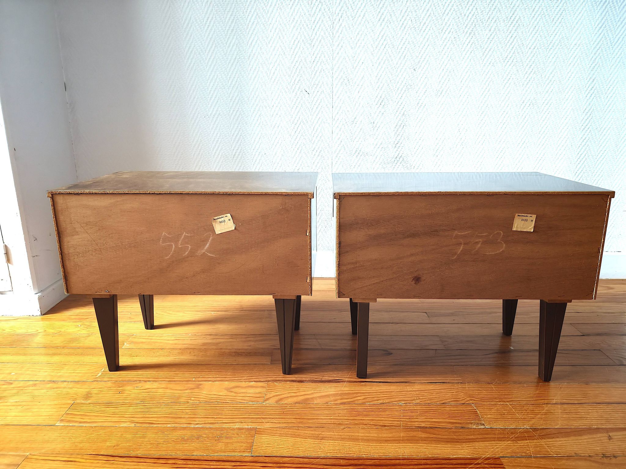 Pair of modernist bedside tables in veneered wood, 1950s-60s
