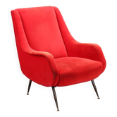 Vintage armchair in red velvet and enamelled metal, Italian design, 1960s.