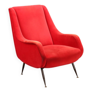 Vintage armchair in red velvet and enamelled metal, Italian design, 1960s.