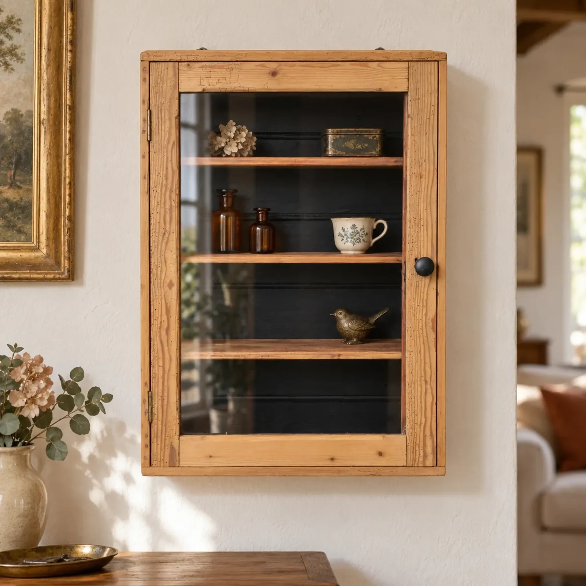 Antique wall display cabinet in natural wood and black – small glass-fronted collector's piece.