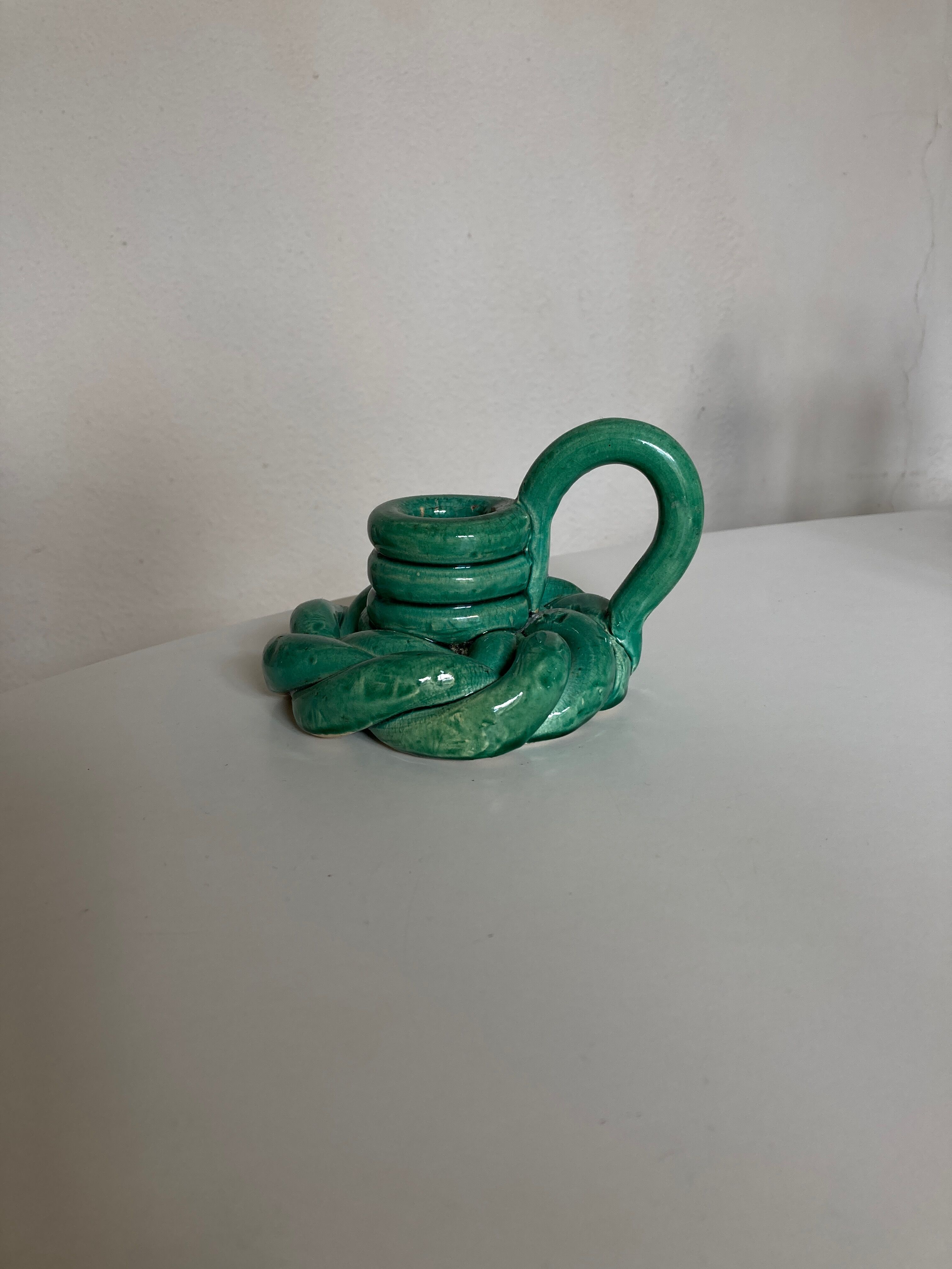 Bougeoir en terre vernissée de Vallauris vert turquoise 1950