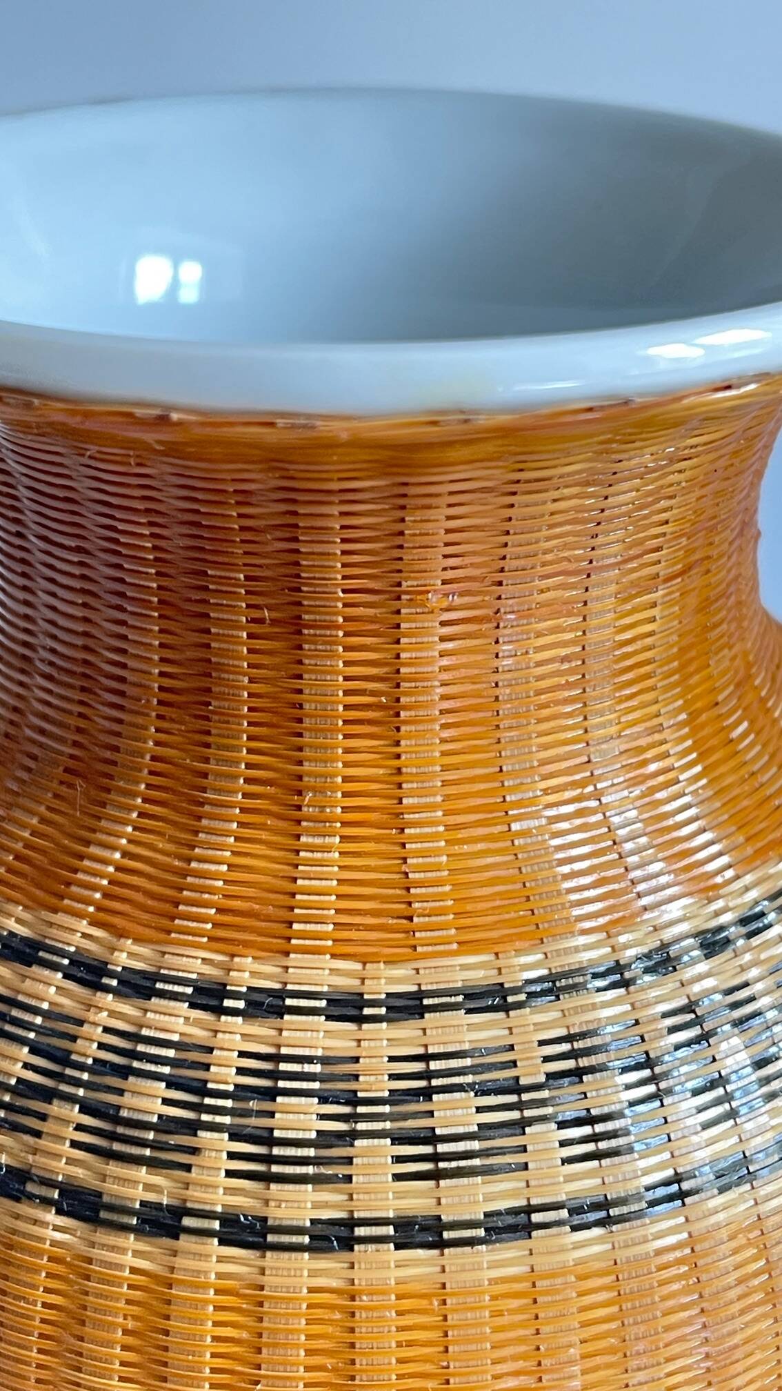 VINTAGE Woven Bamboo and Fine Porcelain VASE
