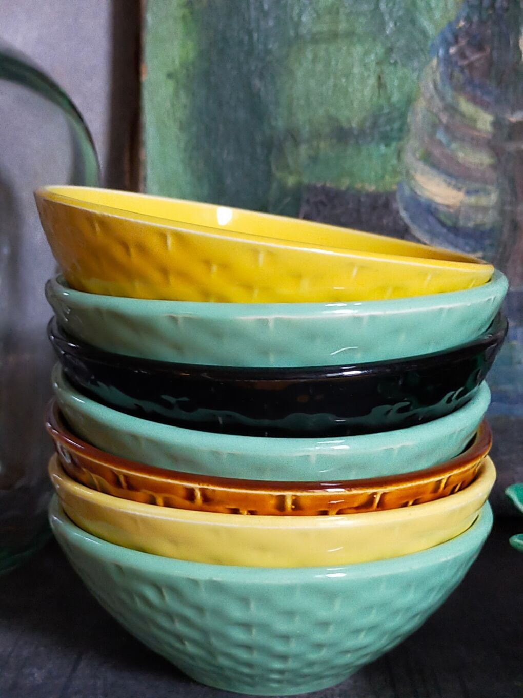 Seven vintage slip ceramic bowls