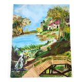Oil painting on canvas river and pontoon signed