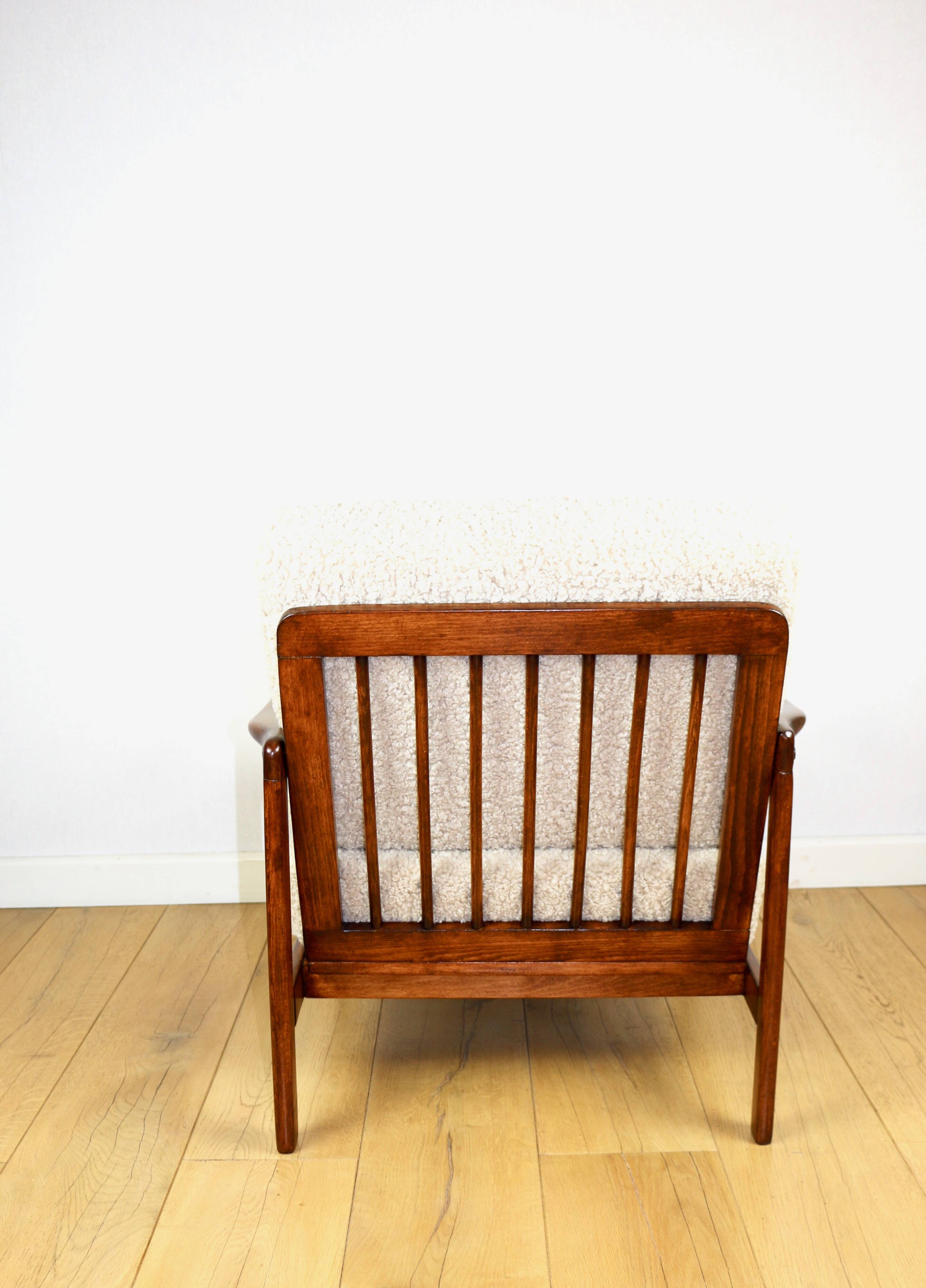 Wooden vintage brown armchair beige ivory long pile boucle design by Z. Bączyk - 2 pieces available