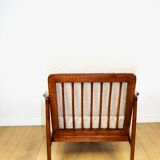 Wooden vintage brown armchair beige ivory long pile boucle design by Z. Bączyk - 2 pieces available