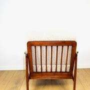 Wooden vintage brown armchair beige ivory long pile boucle design by Z. Bączyk - 2 pieces available