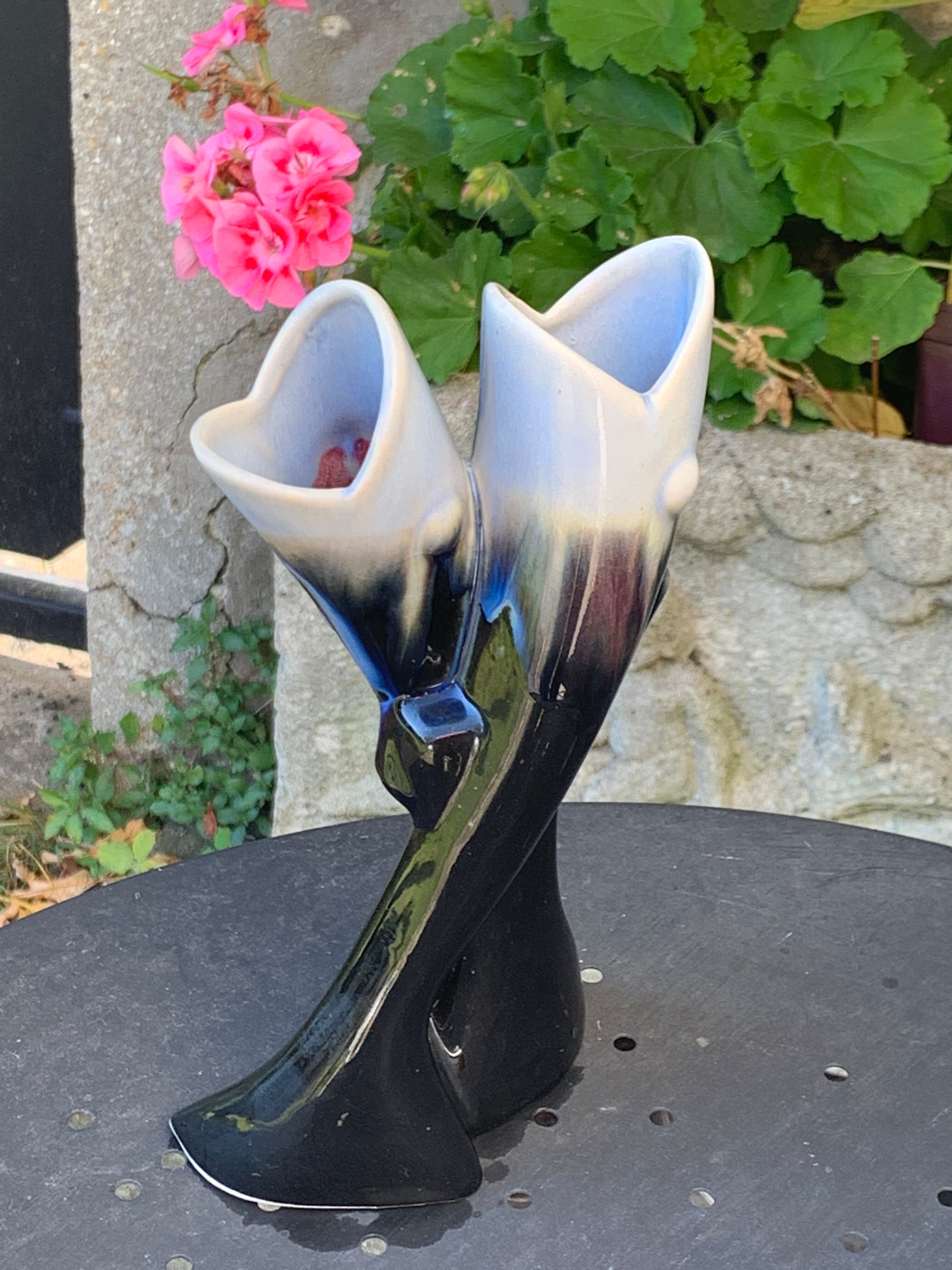Double soliflore vase, vintage midnight blue glazed fish slurry