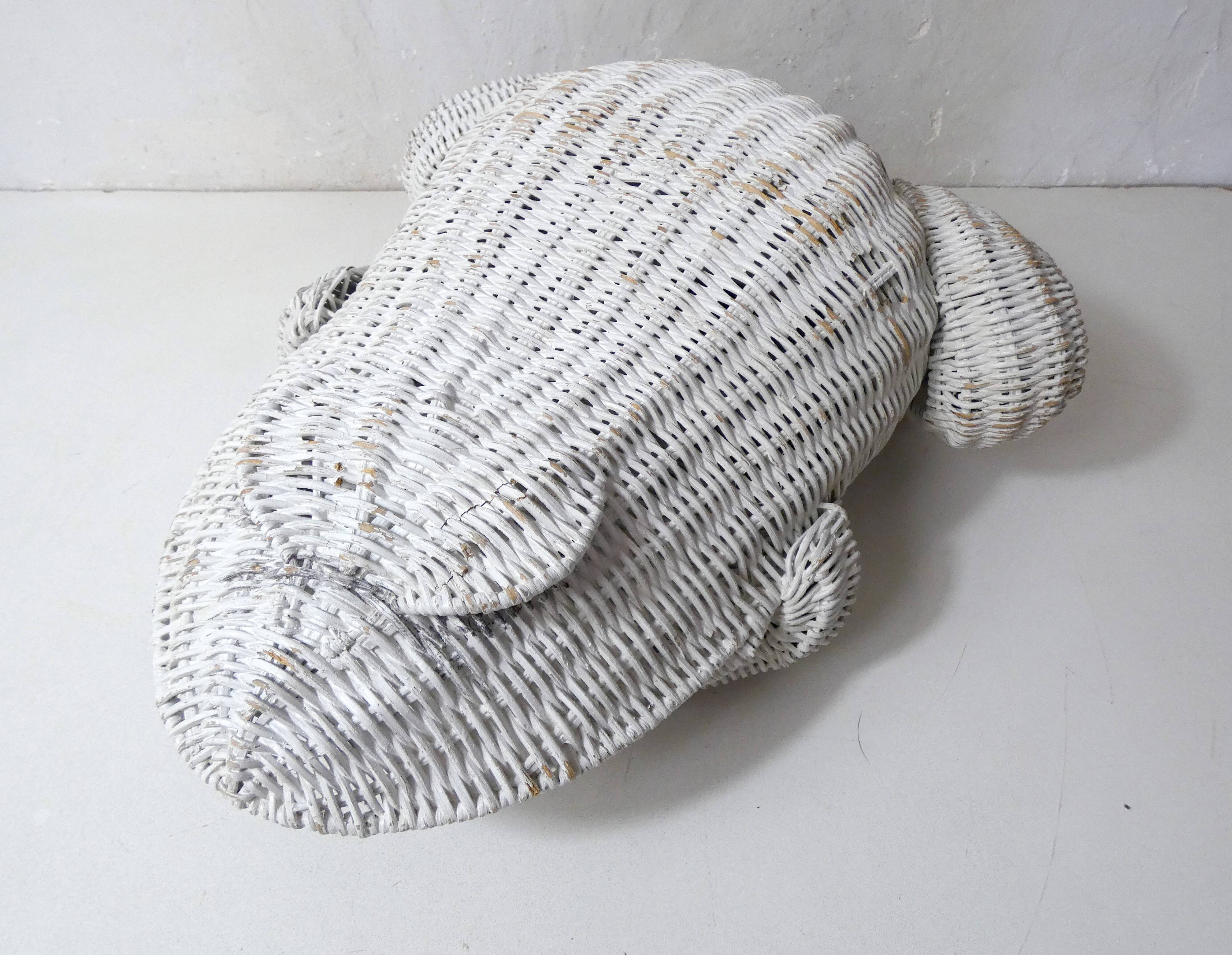 Corbeille à papier grenouille vintage en rotin blanc