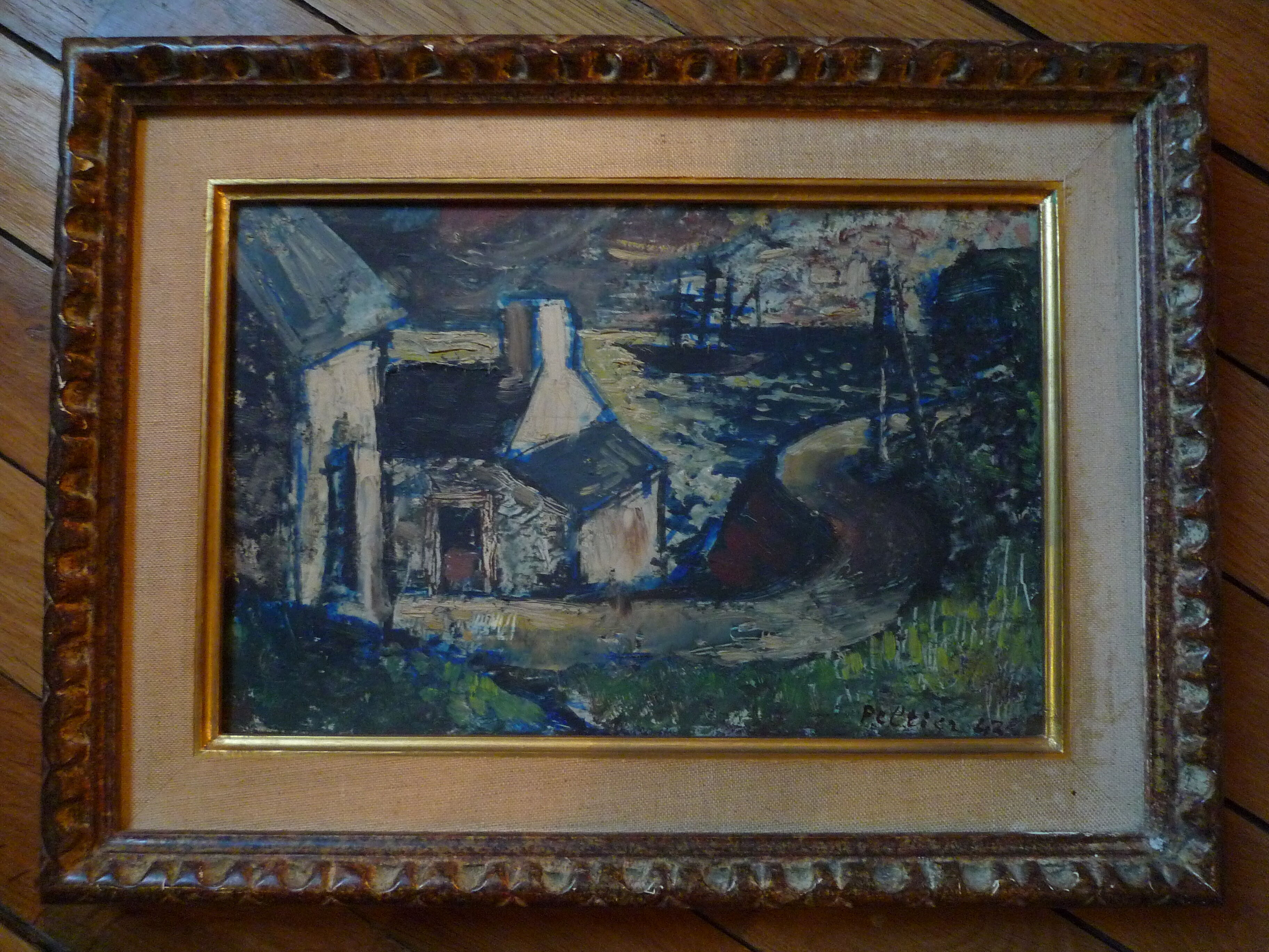 Painting, dark seaside landscape, oil on cardboard attributed to Pierre Peltier, 1943