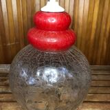 Ancienne suspension verre craquelé transparent & rouge années 70 vintage #a548