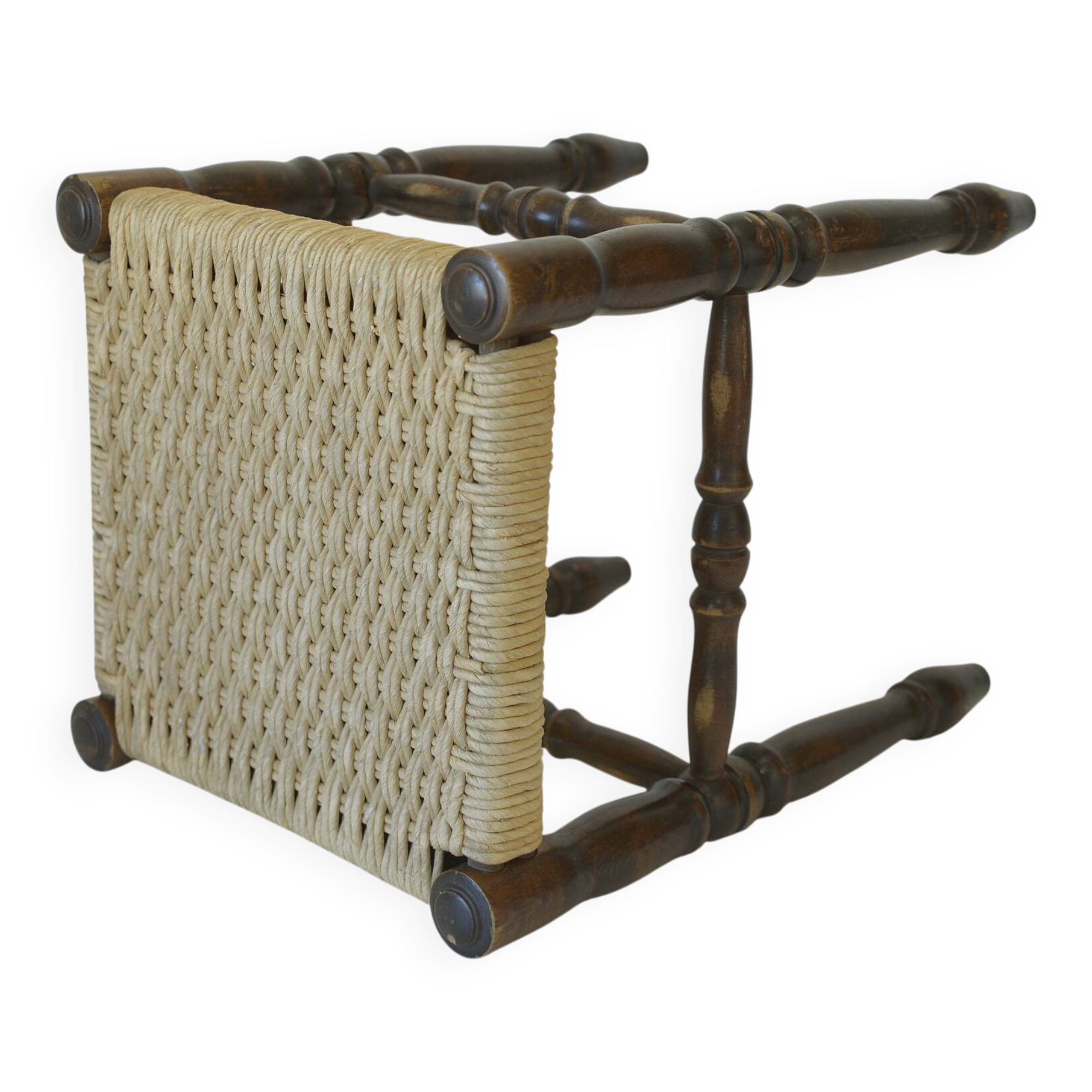 Vintage rustic stool, wooden ottoman footstool, wicker bench from the 1960