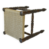 Vintage rustic stool, wooden ottoman footstool, wicker bench from the 1960