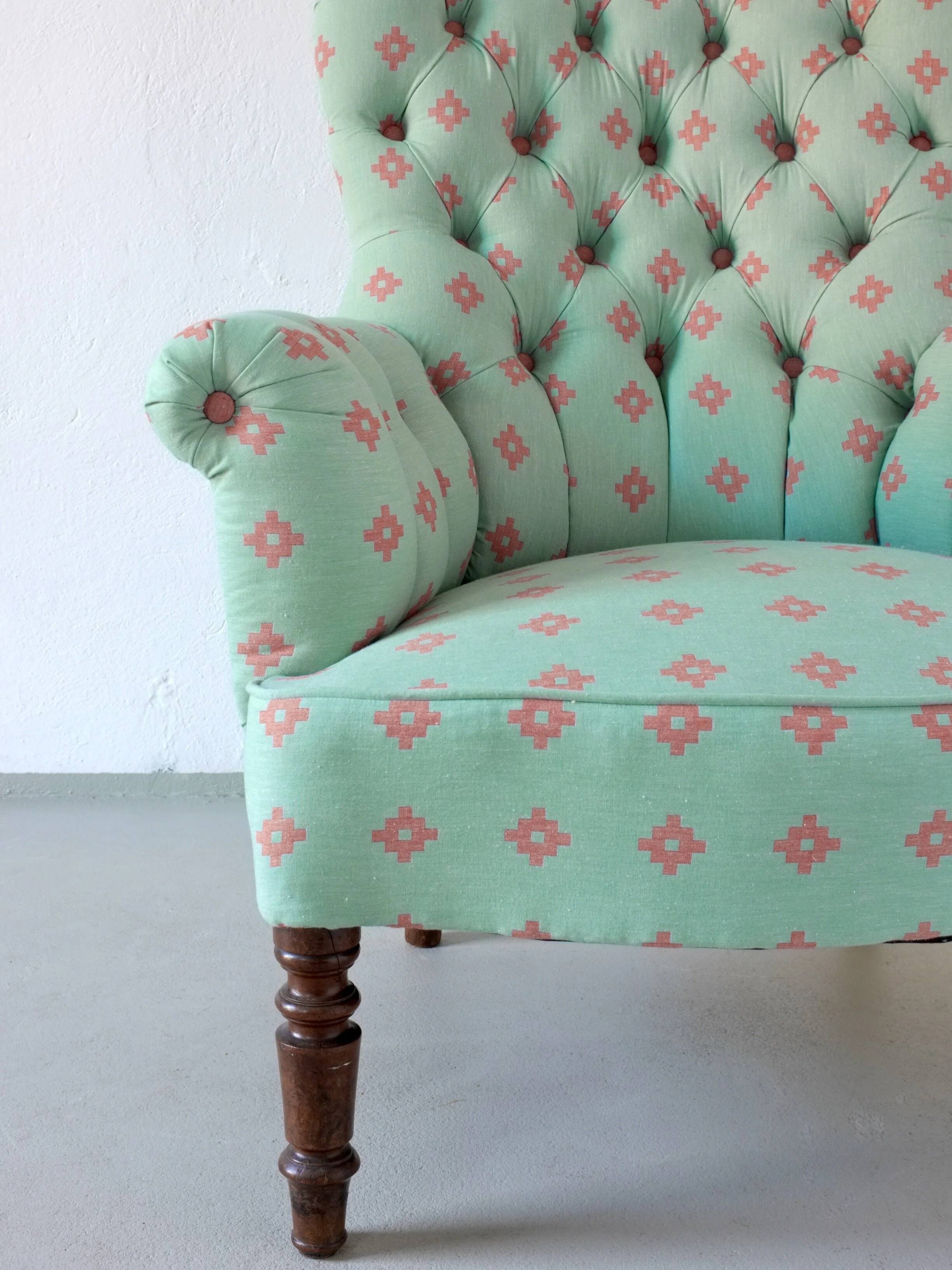 Vintage green coral button back armchair | Belgium