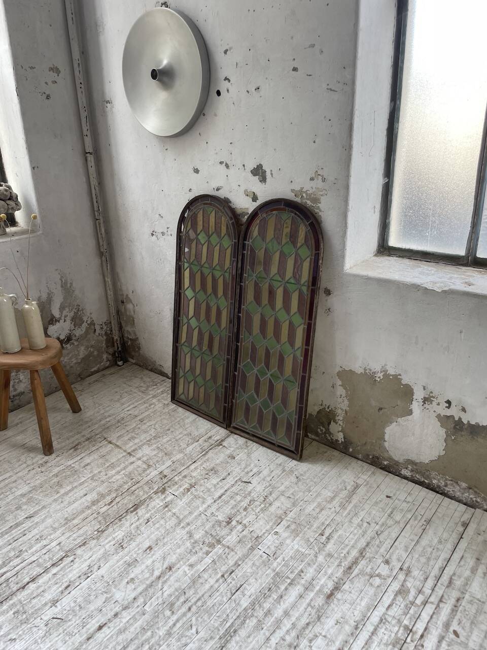 Old stained glass window in metal and glass 1900