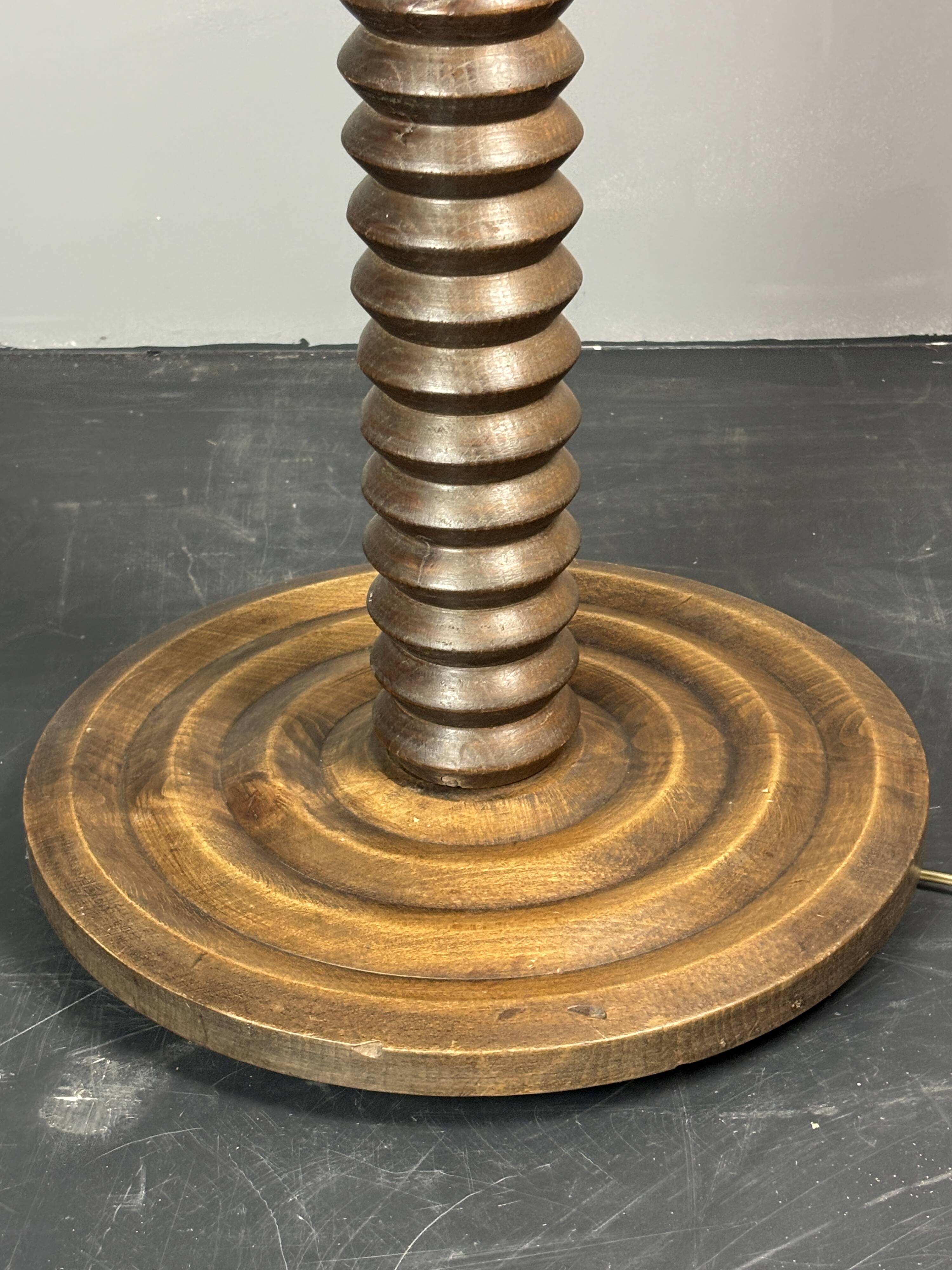 Midcentury brutalist chunky wood turned floor lamp, Charles Dudouyt style.