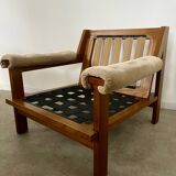 Pair of lounge chairs in wood and designer fabric from the 60s vintage Scandinavian look