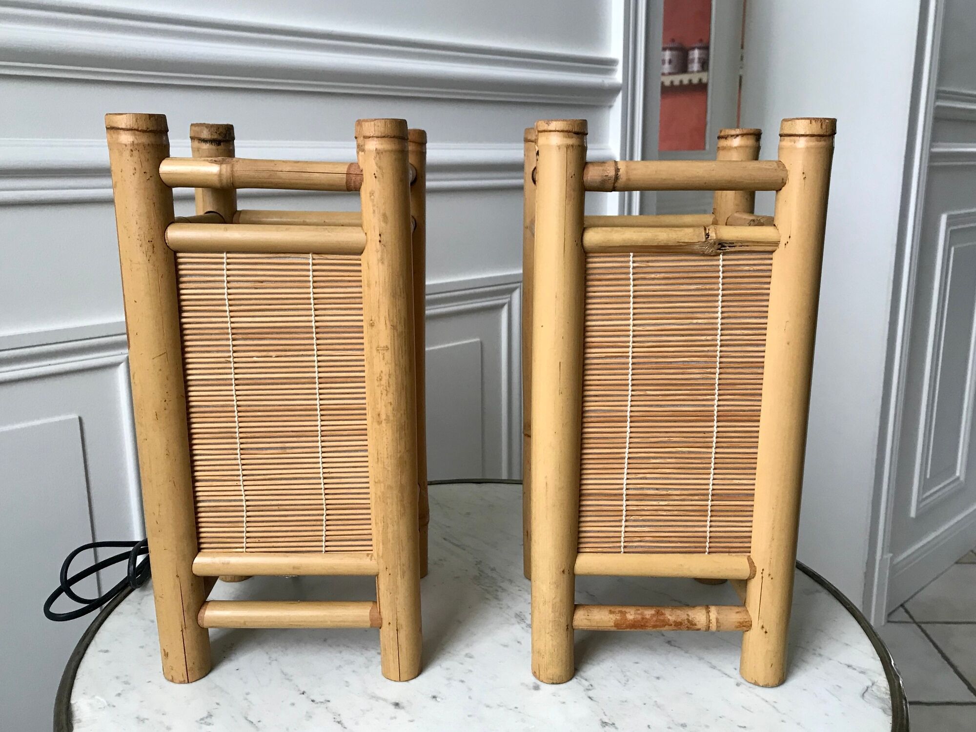 Pair of bedside lamps in rattan bamboo 70s