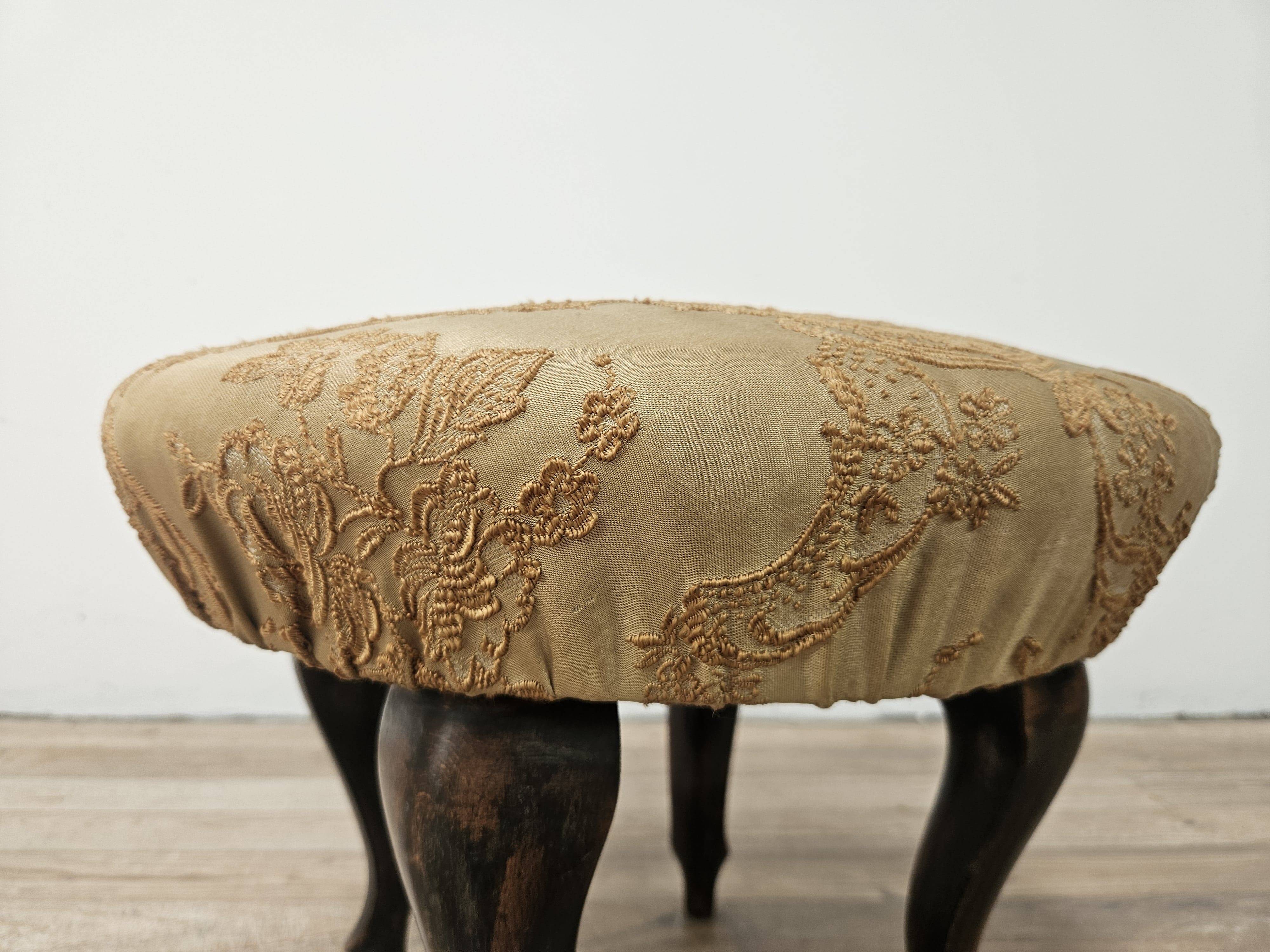 Vintage walnut pouf with fabric-covered seat, 1940s