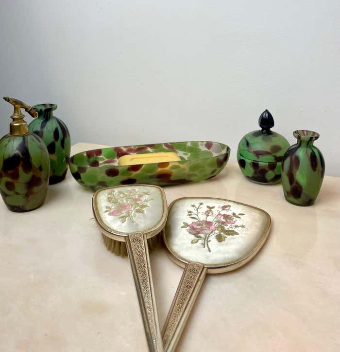 Toiletry set - metal and silk brush and hand mirror England from the 50s