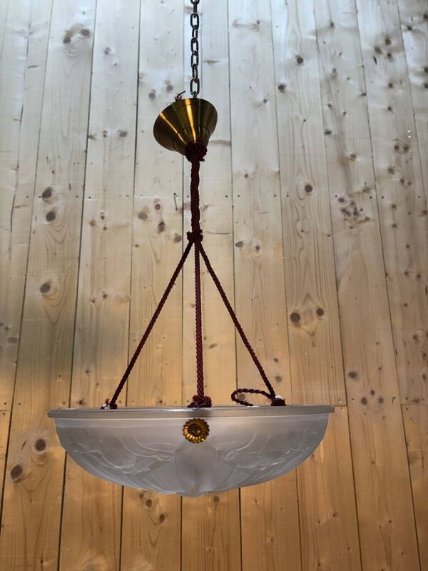 Plafonnier Sonover Art déco en verre pressé, suspendu par cordage – vers 19