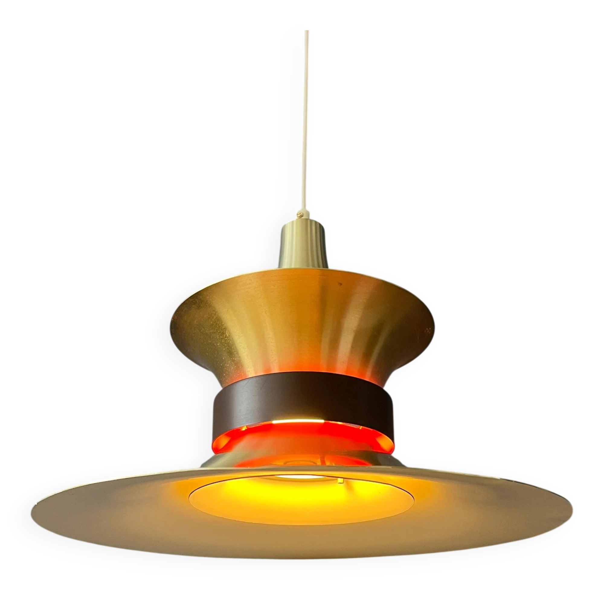 Large UFO flying saucer pendant light with orange light.