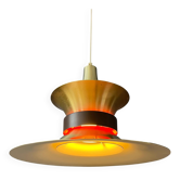Large UFO flying saucer pendant light with orange light.