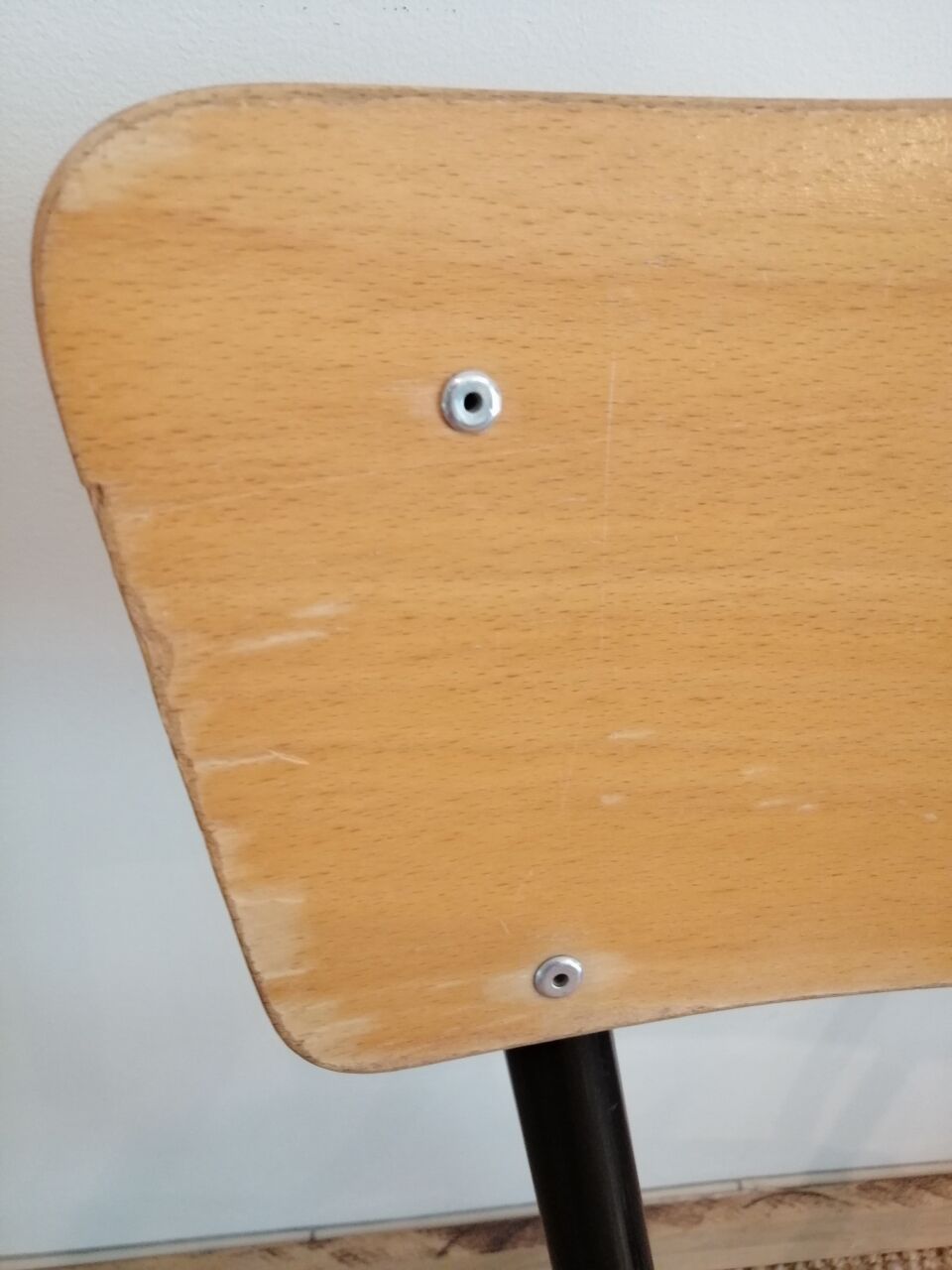 Series of 4 wooden and metal school chairs