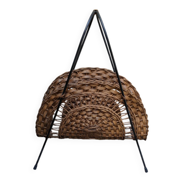 Vintage metal and wicker magazine rack, bohemian country decor.