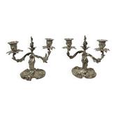 Pair of Rococo Style Candelabra in Silvered Bronze, 19th Century