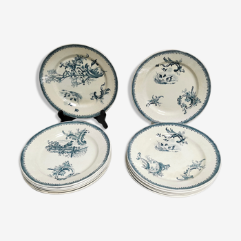 Table service 12 old plates iron earth rockery , faience exxonne