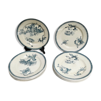 Table service 12 old plates iron earth rockery , faience exxonne