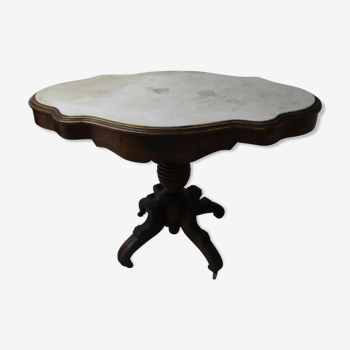 Table sur roulettes Art déco avec 2 tiroirs en noyer dessus marbre blanc