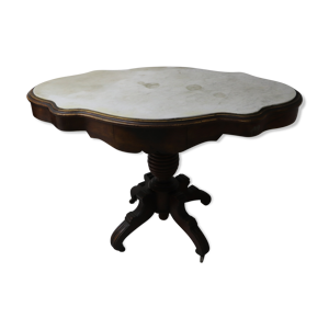 Table sur roulettes Art déco avec 2 tiroirs en noyer dessus marbre blanc