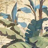 Painted canvas. Toucan on a leafy background. Contemporary work.
