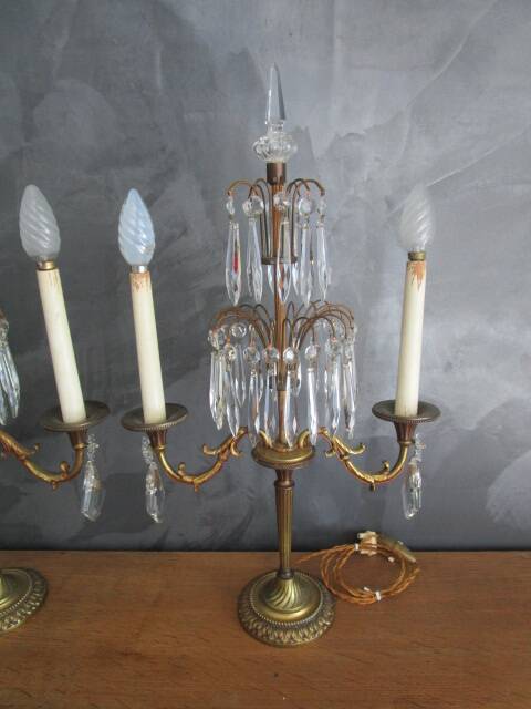 Pair of antique bronze and crystal candelabras - electrified
