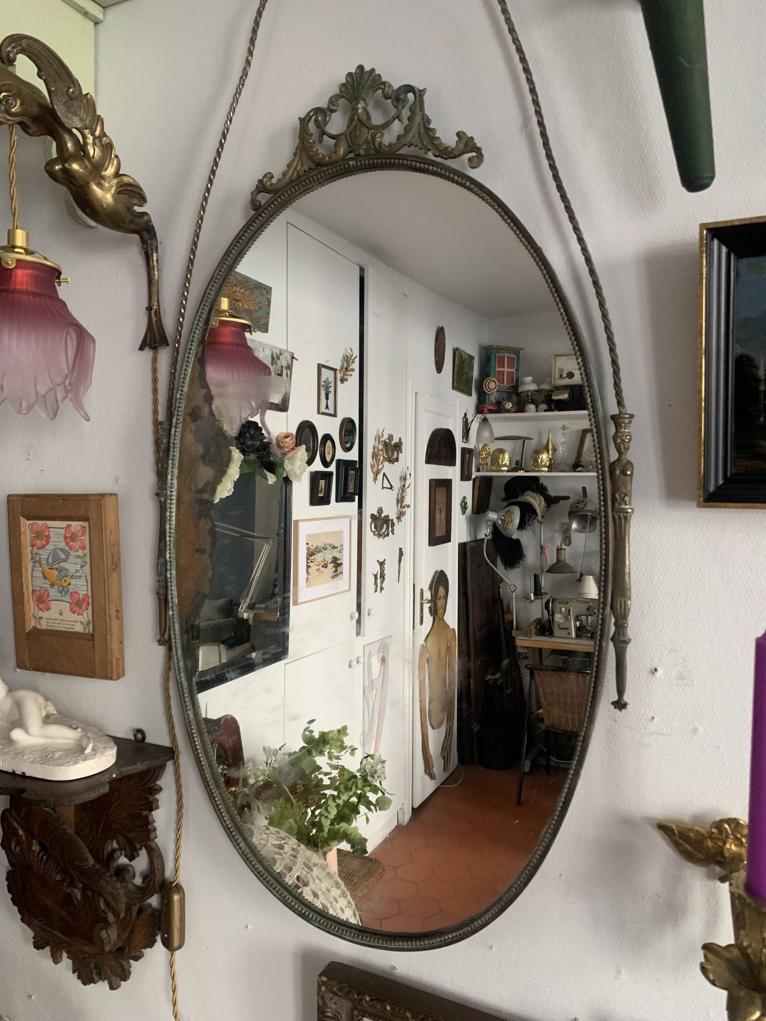 Large French Napoleon III Period Oval Bronze Wall Mirror, 19th Century
