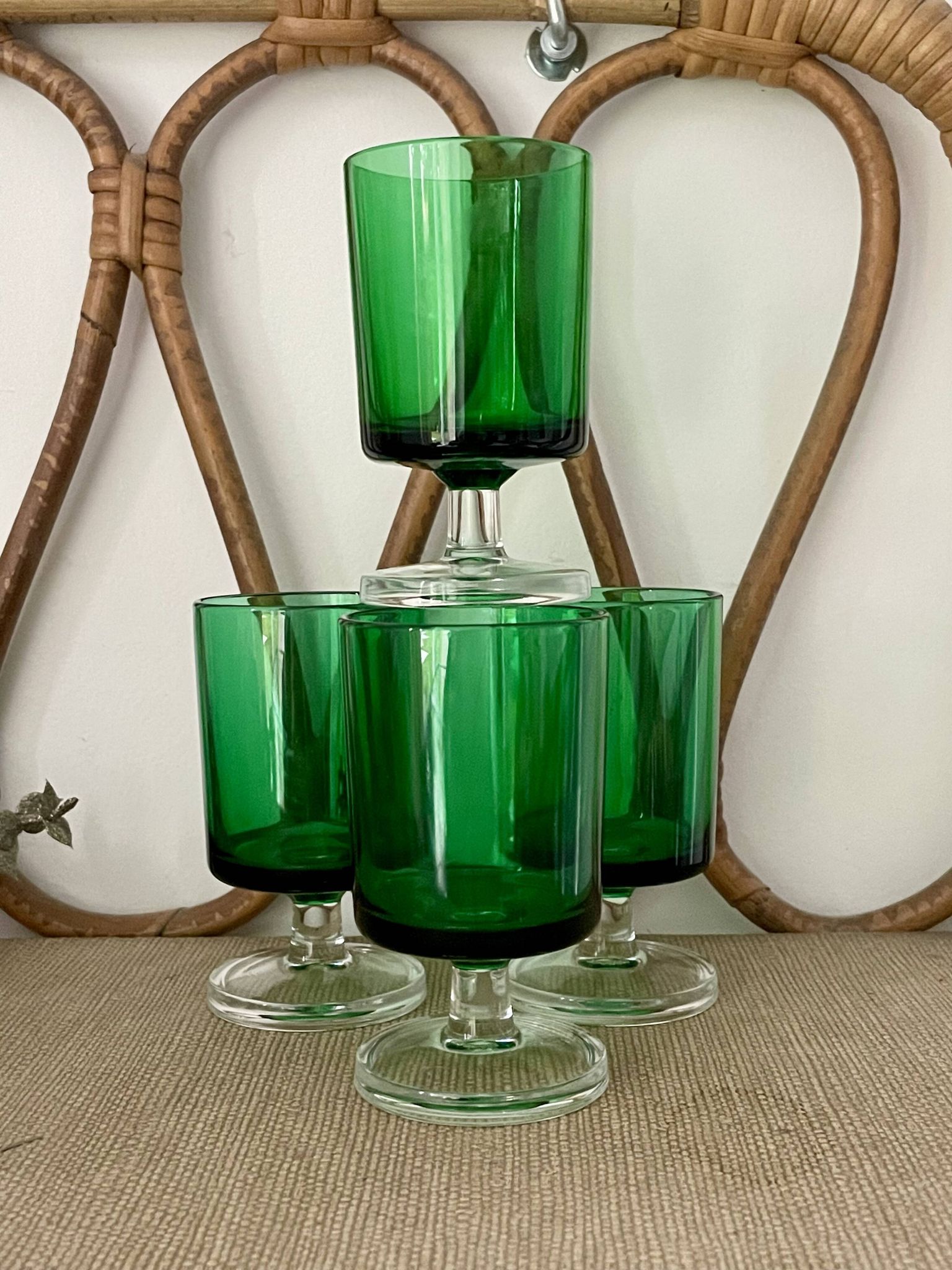 4 Luminarc France stemmed glasses, 1970s, two-tone green