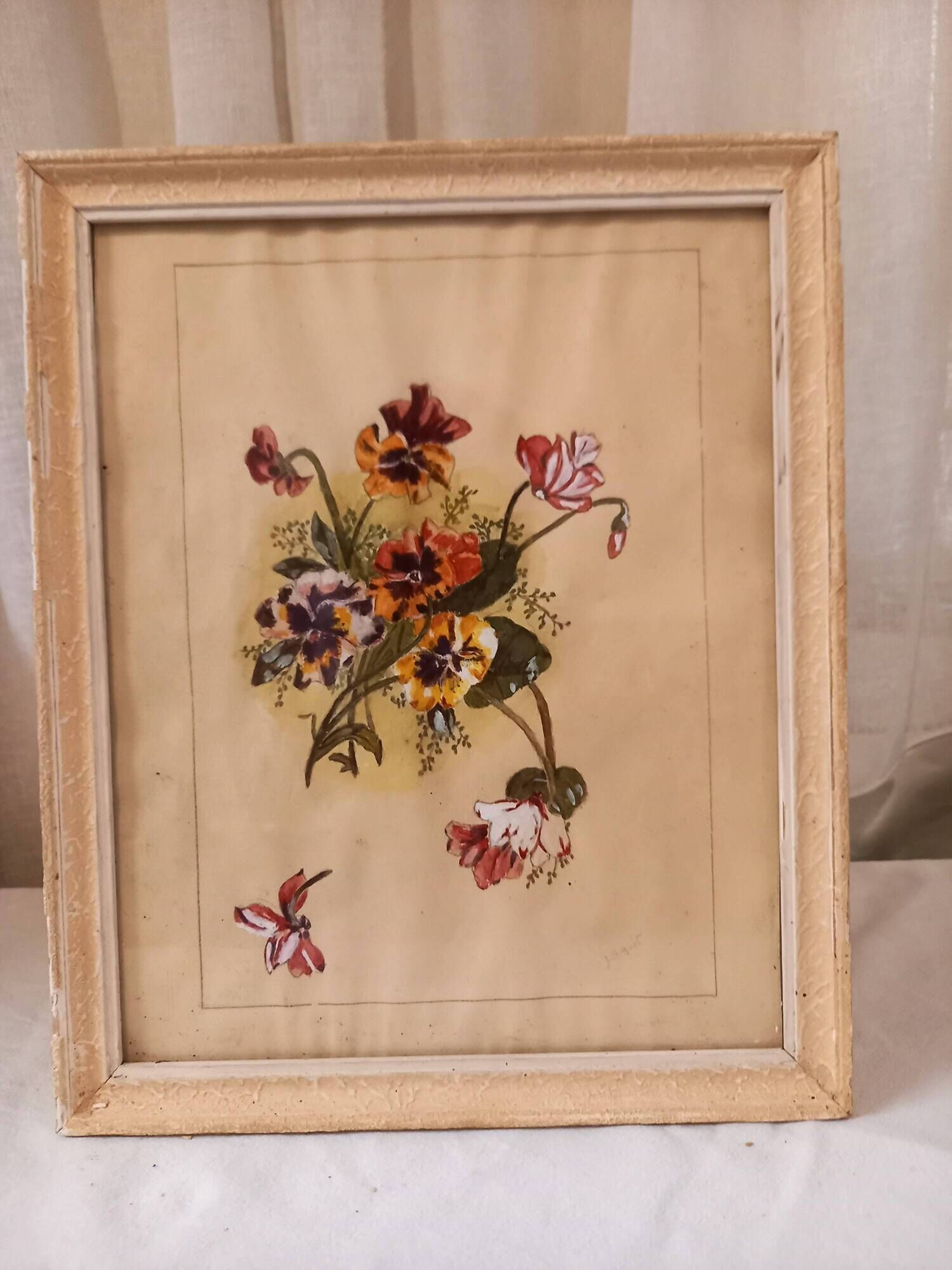 Old painting, gouache on paper, floral composition with pansies, framed under glass