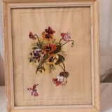 Tableau ancien, gouache sur papier, composition florale avec pensées, enacdré sous verre