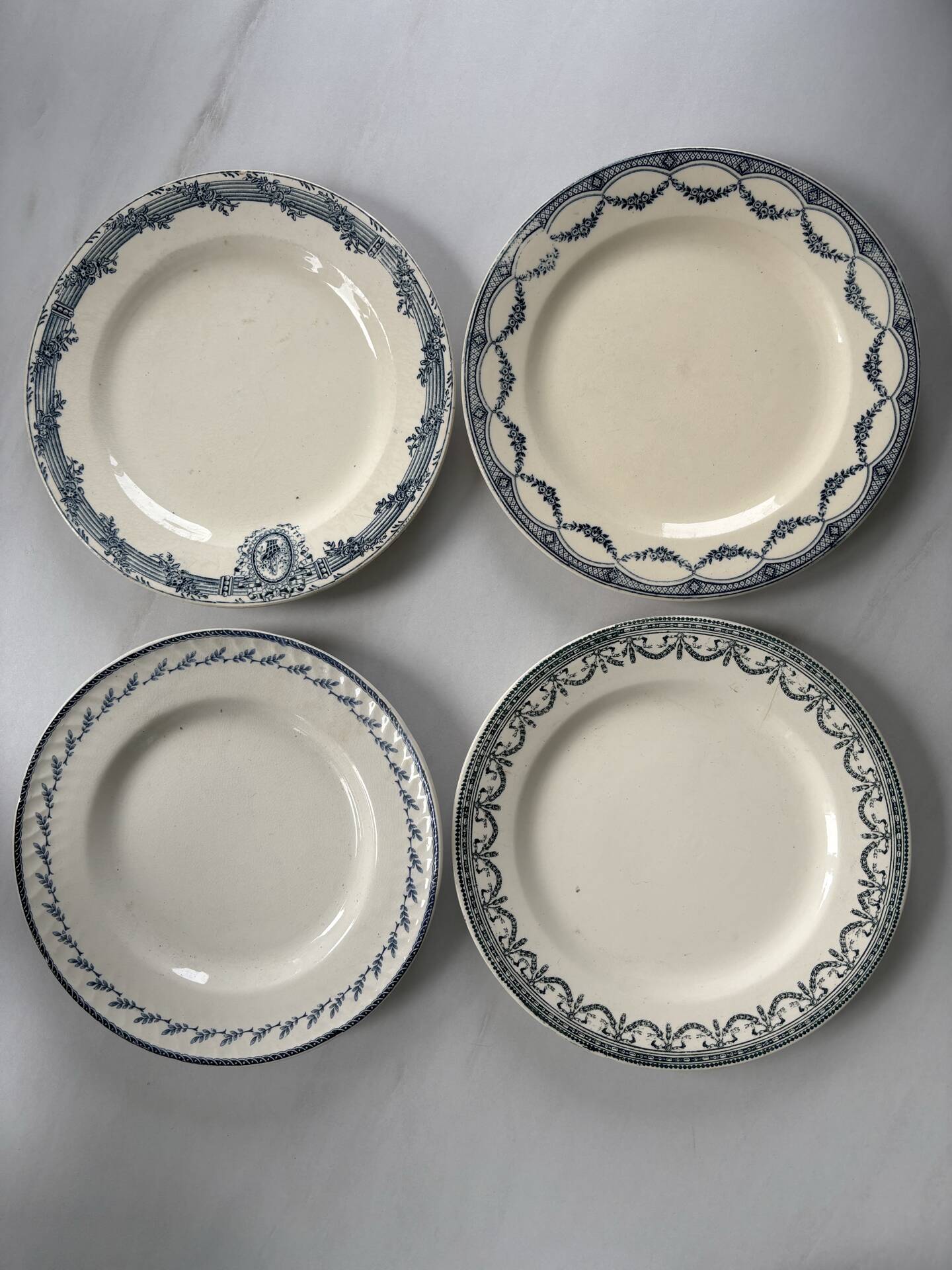Lot of 4 blue ironstone plates, antique French faience - te