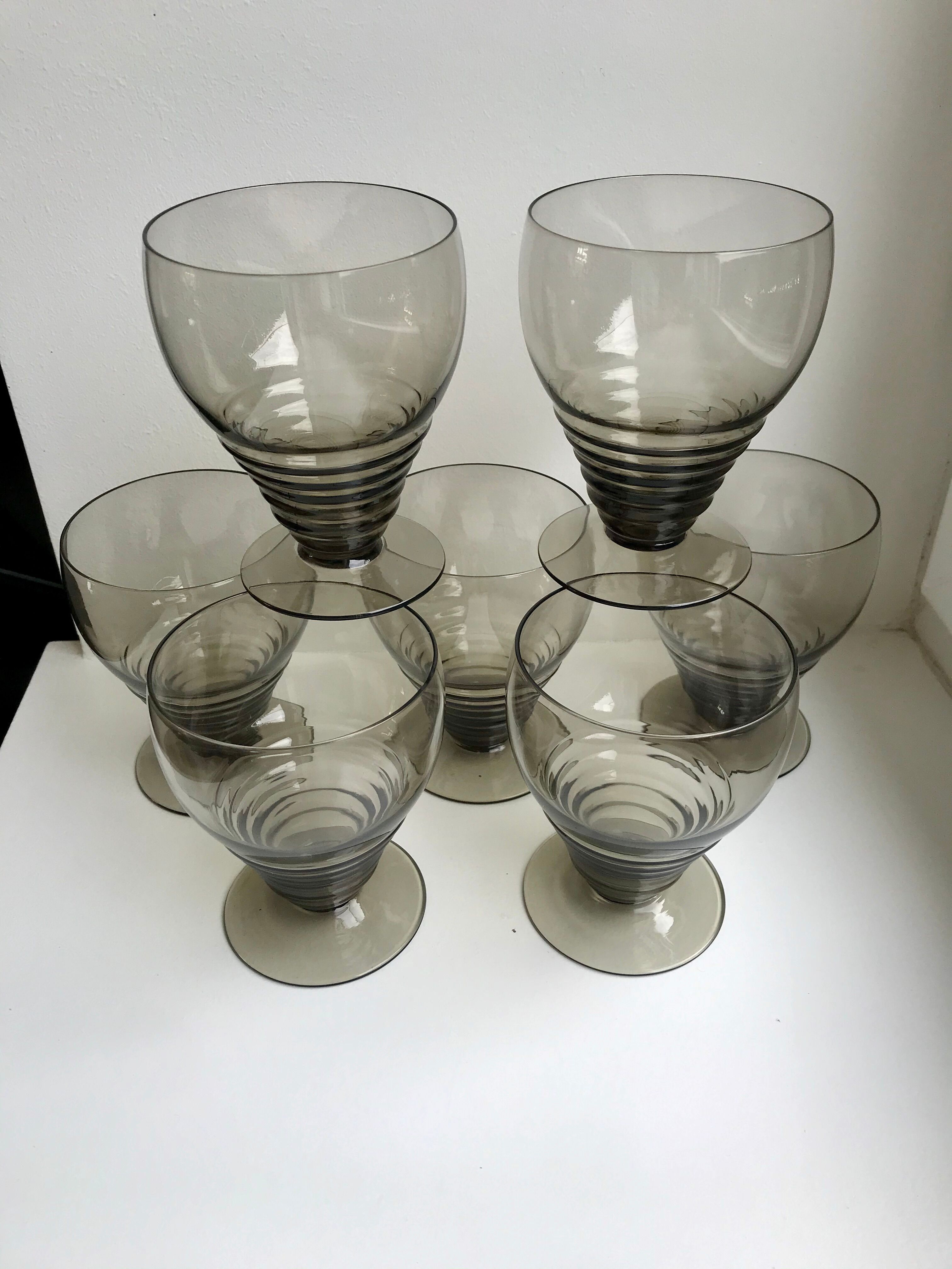 Set of 7 wine glasses  art deco smoked glass years 30-40
