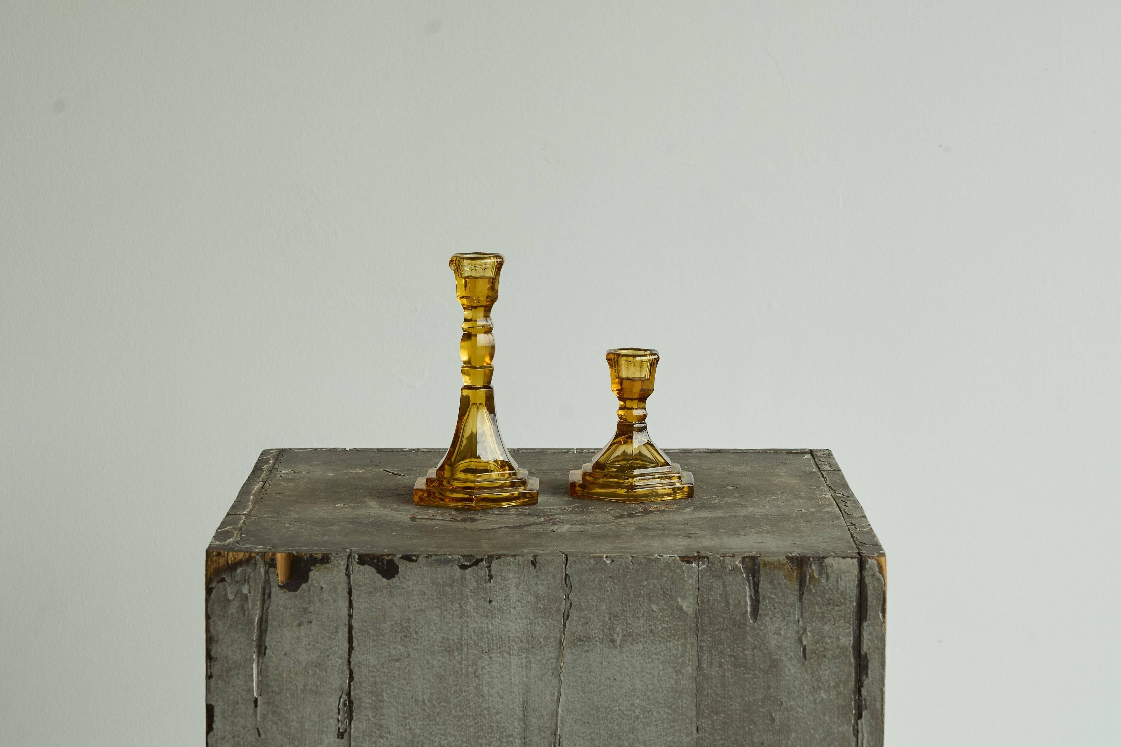 Pair of Art Deco candlesticks in pressed glass from the 1930s.