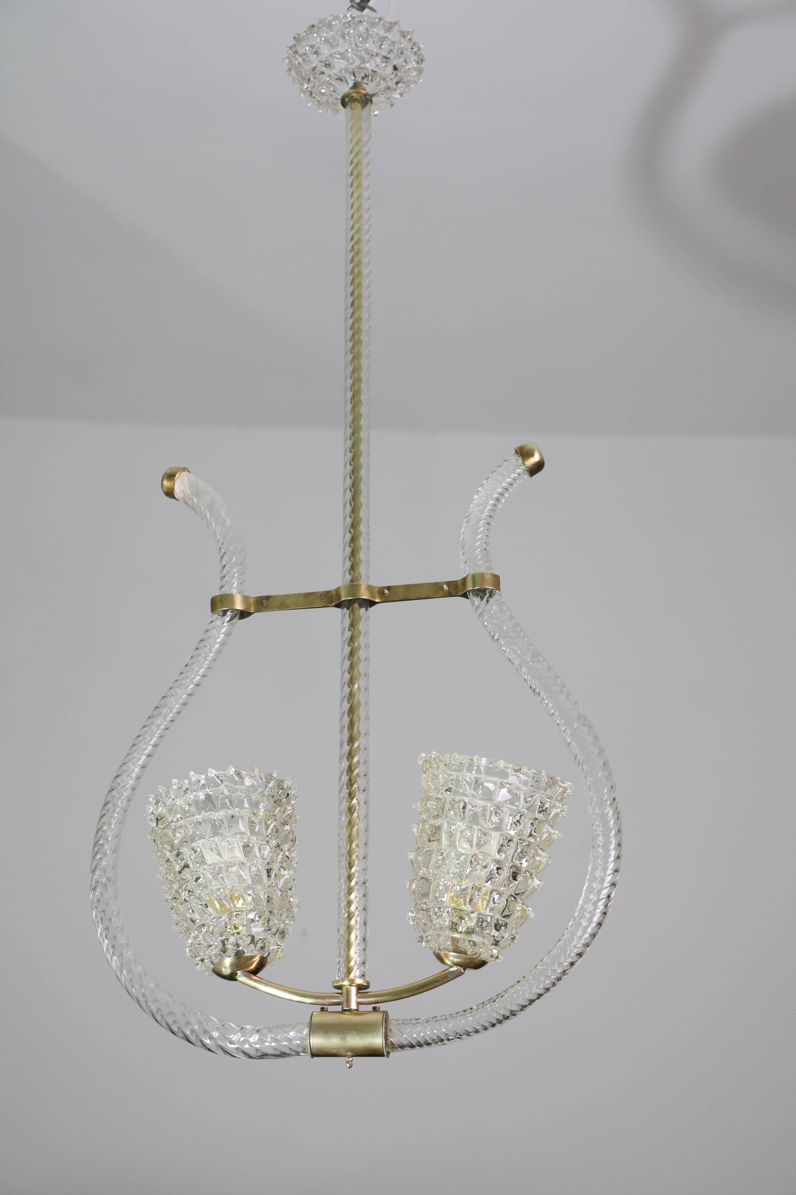 Amazing 2 Light Clear Rostrato Murano Glass Chandelier by Barovier & Toso,