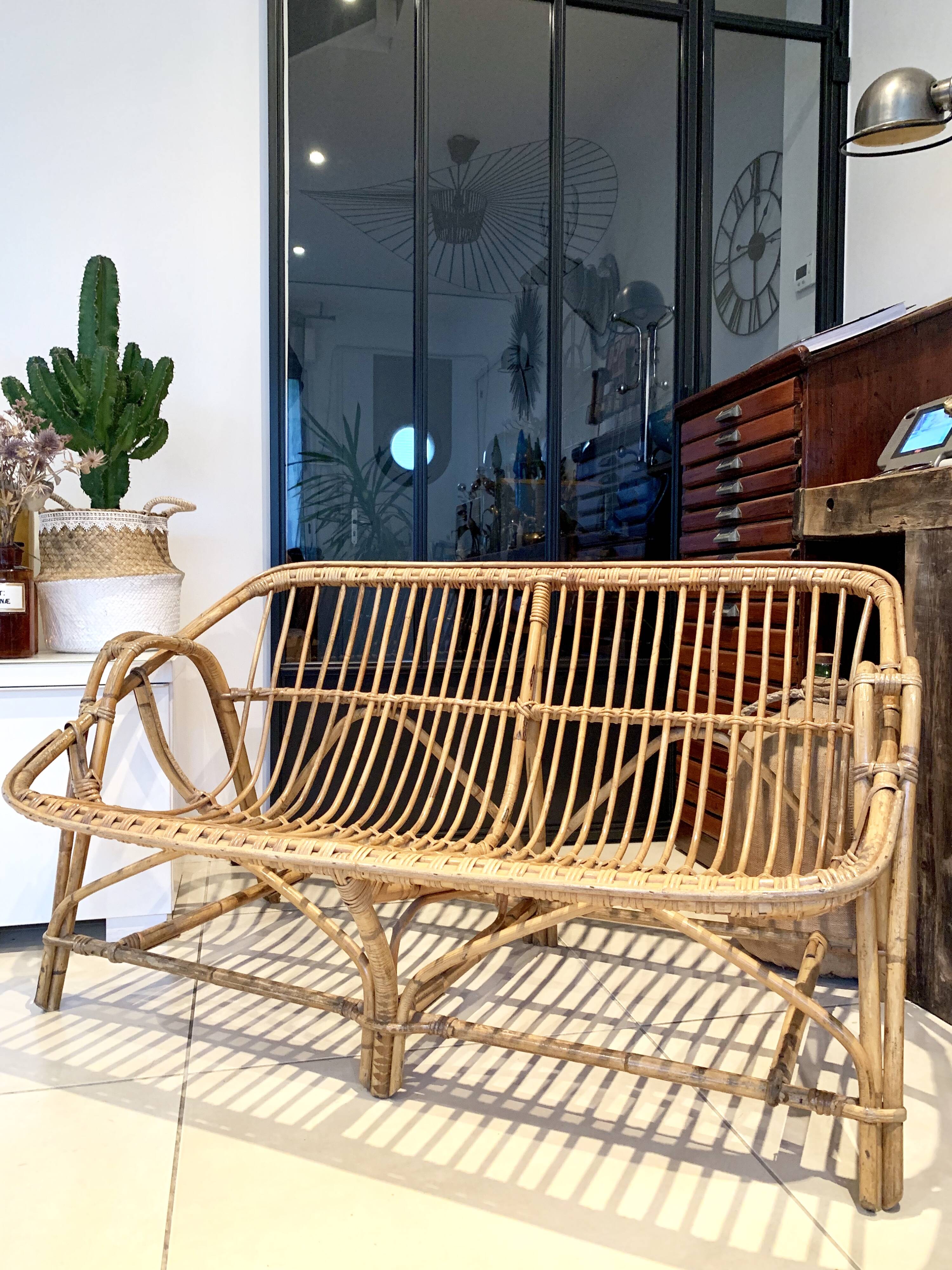 Vintage rattan bench sofa